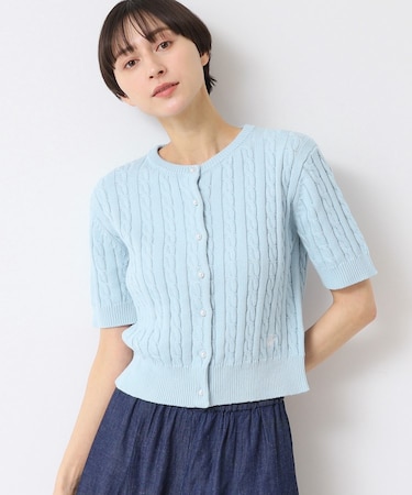 【洗える】半袖ケーブルニットコットンカーディガン