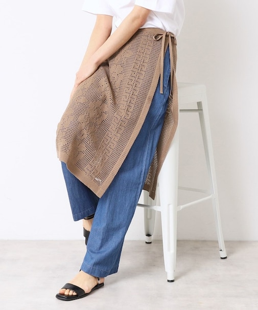 【洗える】フラワー柄ニット巻き風スカート