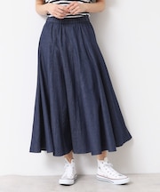 【ウエストゴム・洗える】綿麻デニムフレアースカート