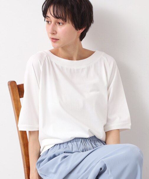 【接触冷感・UV・洗える】裾リブスリット五分袖カットソー