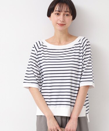 【接触冷感・UV・洗える】裾リブスリット五分袖カットソー