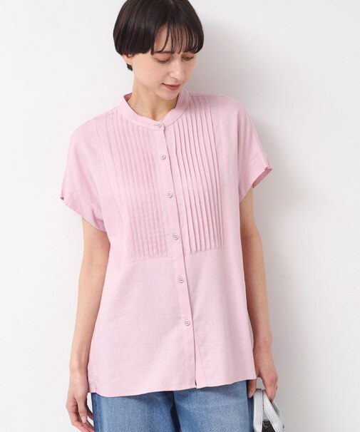 【洗える】ピンタック入りバンドカラーブラウス（S～L）