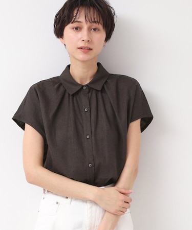 【洗える】シャツカラーフレンチスリーブブラウス（XS～L）