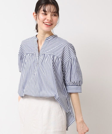 【洗える・4サイズ展開】フロントスリット五分袖ブラウス（XS～L）