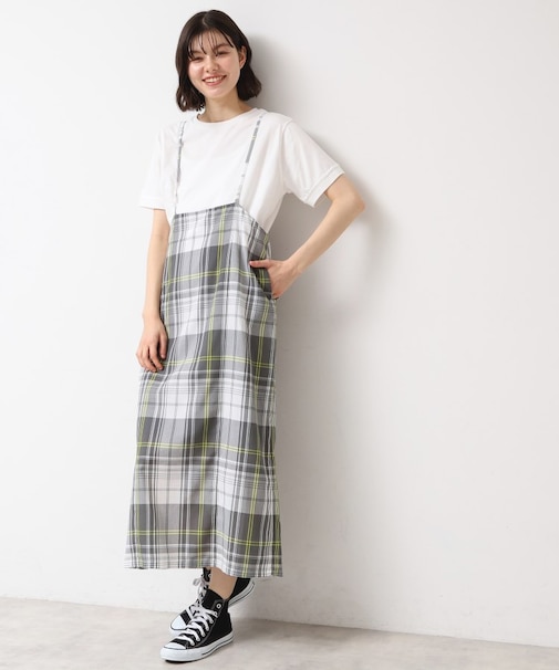 【洗える】肩紐付きチェックスカート