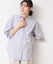 【洗える】ロゴ刺繍入りストライプオーバーシャツ