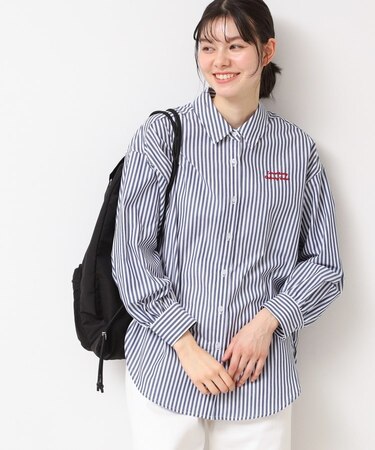 【洗える】ロゴ刺繍入りストライプオーバーシャツ