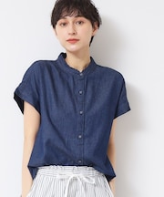 【洗える】リネンブレンドデニムフリルシャツ