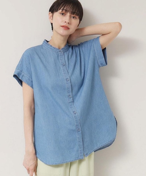 【洗える】リネンブレンドデニムフリルシャツ