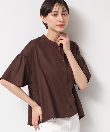 【二の腕カバー・洗える】リネンブレンド袖切り替えブラウス