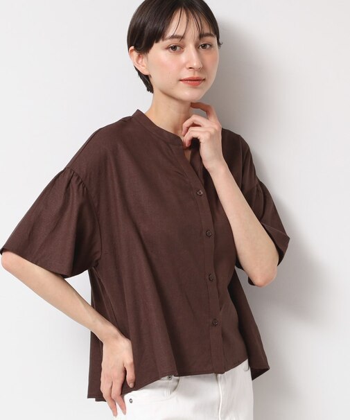 【二の腕カバー・洗える】リネンブレンド袖切り替えブラウス