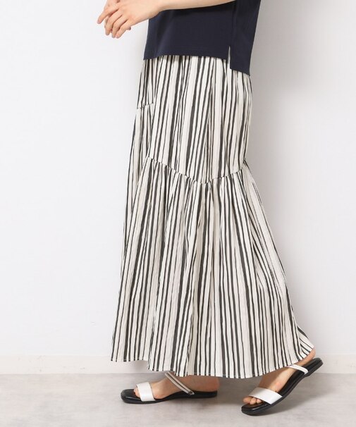 ◆【ウエストゴム・洗える】ストライプ柄切り替えスカート