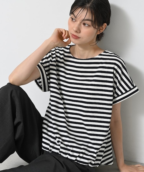 【二の腕カバー/UVカット】ロールアップスリーブ裾ギャザーカットソー