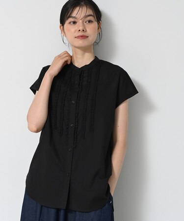 【洗える】スタンドカラーフリルブラウス