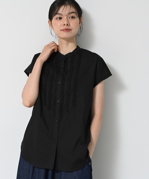 【洗える】スタンドカラーフリルブラウス