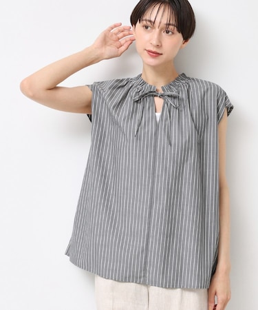【洗える】ストライプ柄フレンチスリーブスキッパ―ブラウス
