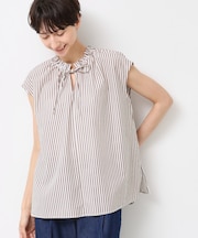 【洗える】ストライプ柄フレンチスリーブスキッパ―ブラウス
