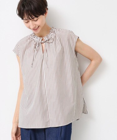 【洗える】ストライプ柄フレンチスリーブスキッパ―ブラウス
