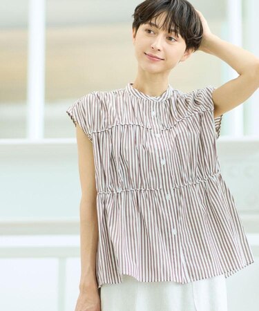 【洗える】ストライプ柄ギャザーブラウス