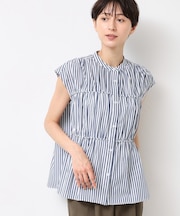 【洗える】ストライプ柄ギャザーブラウス