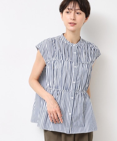 【洗える】ストライプ柄ギャザーブラウス