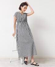【リンクコーデ・洗える】ウエストドロスト付きチェック柄ワンピース