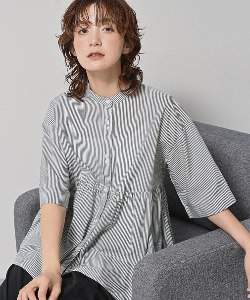 【洗える／体型カバー】バンドカラーペプラムブラウス