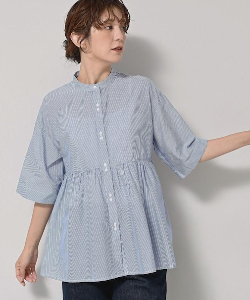 【洗える/体型カバー】バンドカラーペプラムブラウス