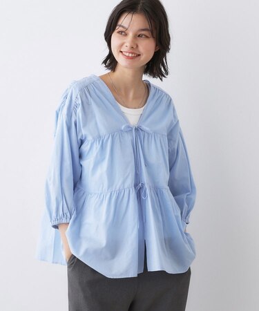 【洗える】フロントリボン七分袖ブラウス