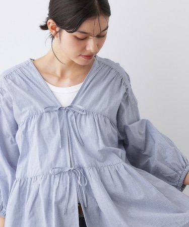 【洗える】フロントリボン七分袖ブラウス