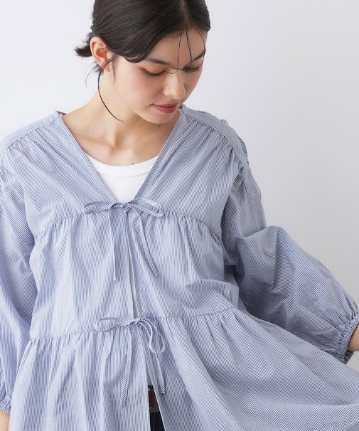 【洗える】フロントリボン七分袖ブラウス