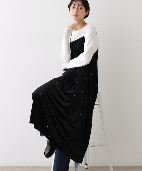 SHIPS any:〈手洗い可能〉ポリエステル ベロア 刺繍 タック フレア