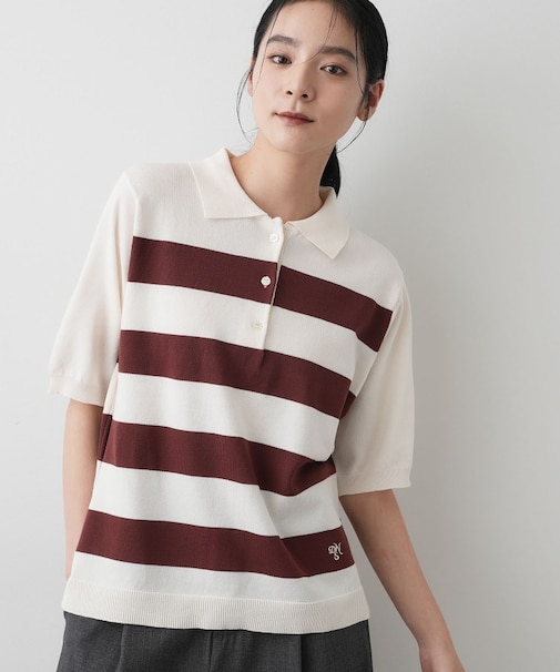 【ユニセックス/洗える】ボーダーニットポロシャツ