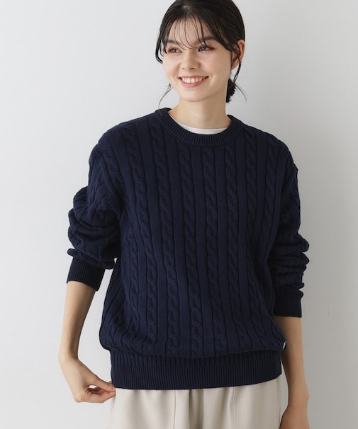 【ユニセックス・洗える】クルーネックケーブルニット