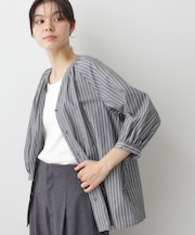 【洗える】ストライプカフス袖ブラウス