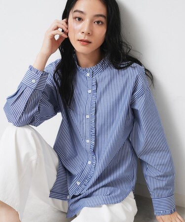 【洗える】フリルネックブラウス