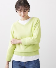 【洗える】コットンVネックニット