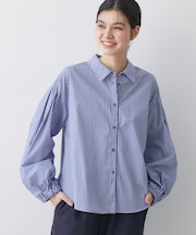 【洗える】バルーンスリーブバンドカラーシャツ