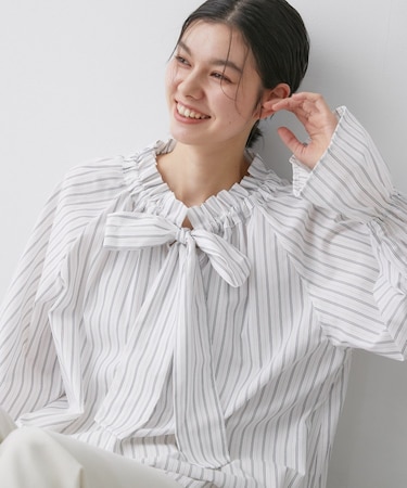 【洗える】フリルボウタイストライプブラウス