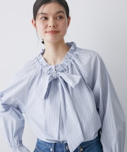 【洗える】フリルボウタイストライプブラウス