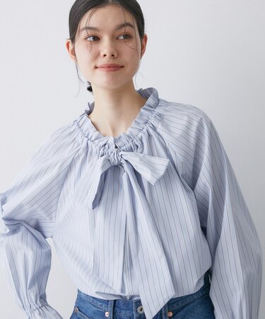 【洗える】フリルボウタイストライプブラウス