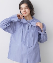 【洗える】フリルボウタイストライプブラウス