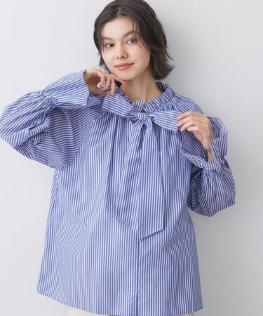 【洗える】フリルボウタイストライプブラウス
