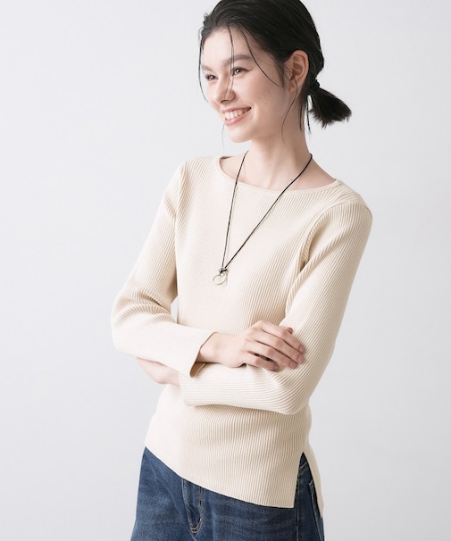 【洗える】ボートネックリブニット