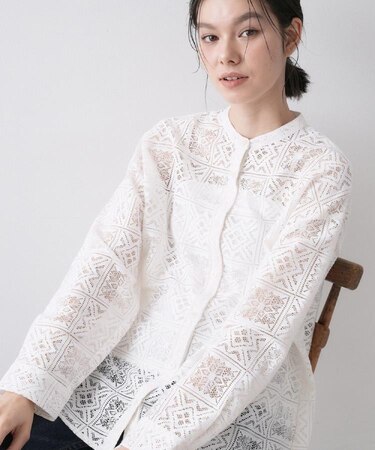 【洗える】スクエアレースノーカラーシャツ