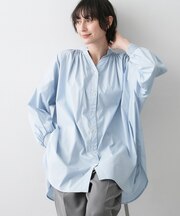【洗える】シャーリングネックチュニックシャツ