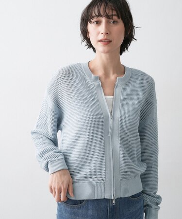 【洗える】コットンメッシュニットカーディガン