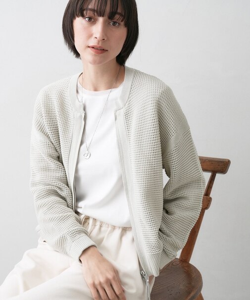 【洗える】コットンメッシュニットカーディガン