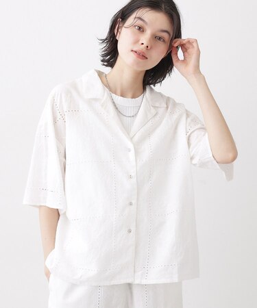 【セットアップ可/洗える】刺繍スクエアレースシャツ