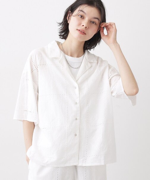 【セットアップ可/洗える】刺繍スクエアレースシャツ